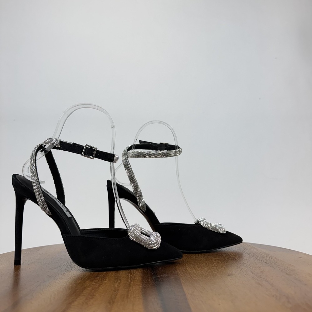 Steve Madden Vienna Leather Rhinestone Strappy‎ Pump Black Heels Size 6 M GUC